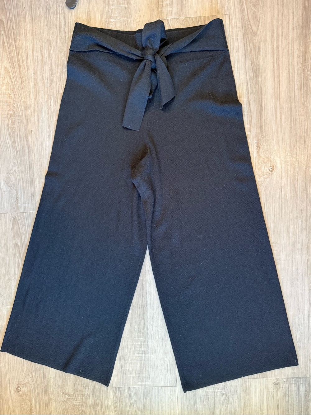 Anthropologie Moth Wool Blend Tie Front Knit Wide Leg High Waist Pant M Black